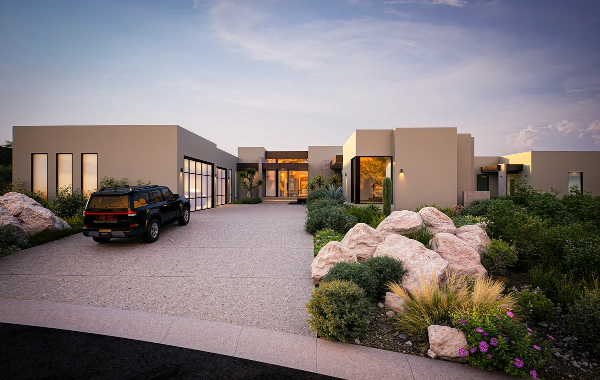 Architect's rendering of the Hedgehog home and motor court at dusk