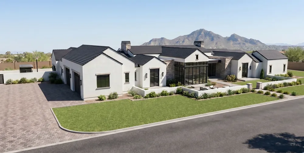 Architect's rendering of Invergordon from above, with mountain views