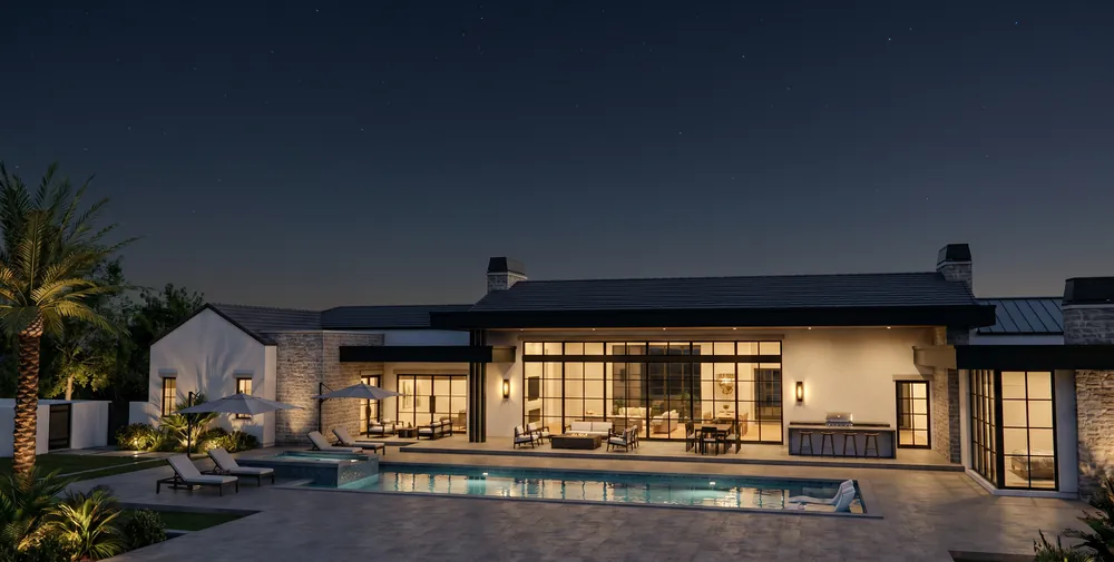 Architect's rendering of the Invergordon pool and covered patio at night