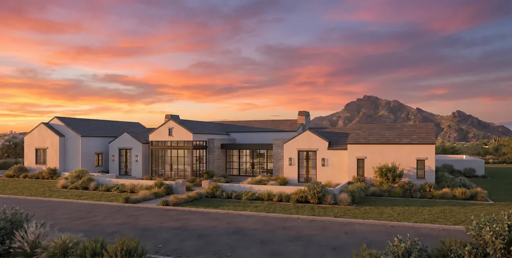 Architect's rendering of Invergordon at sunset with the mountain behind it